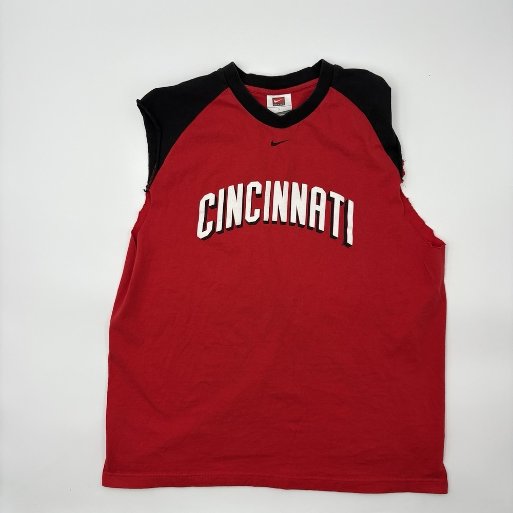 Nike Team Cincinnati Shirt Mens L Vintage Cut‎ Off Muscle Tee Swoosh Red Black